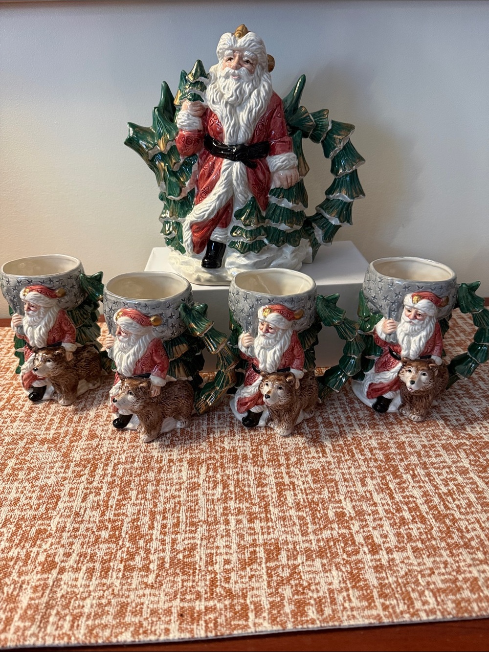 Vintage Five piece Fitz and Floyd Russian Wilderness Santa teapot set